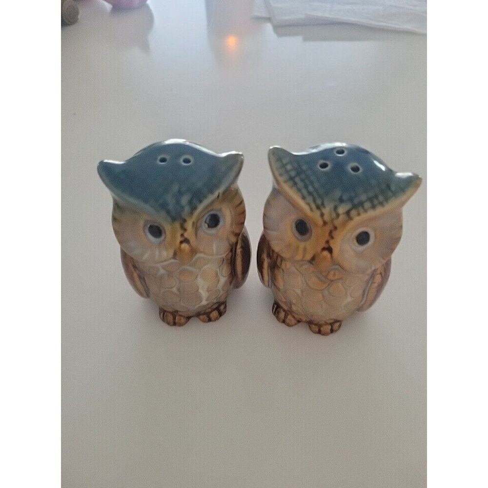 Vintage Blue Tan Ceramic Owl Salt & Pepper Shaker Set 3 inch Tall With Plugs
